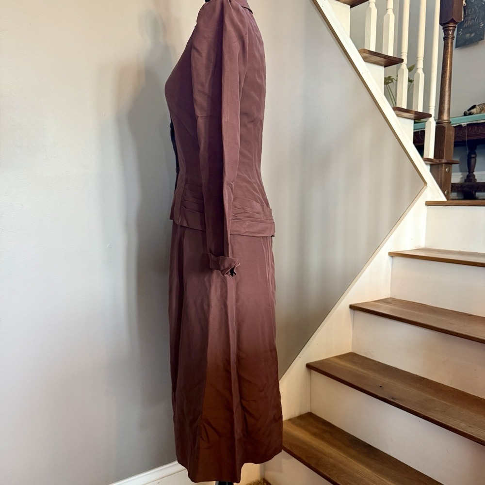 2pc VTG 40s MCM Brown Crepe Suit Rhinestone‎ Button Jacket A-Line Skirt Women S - Picture 9 of 16